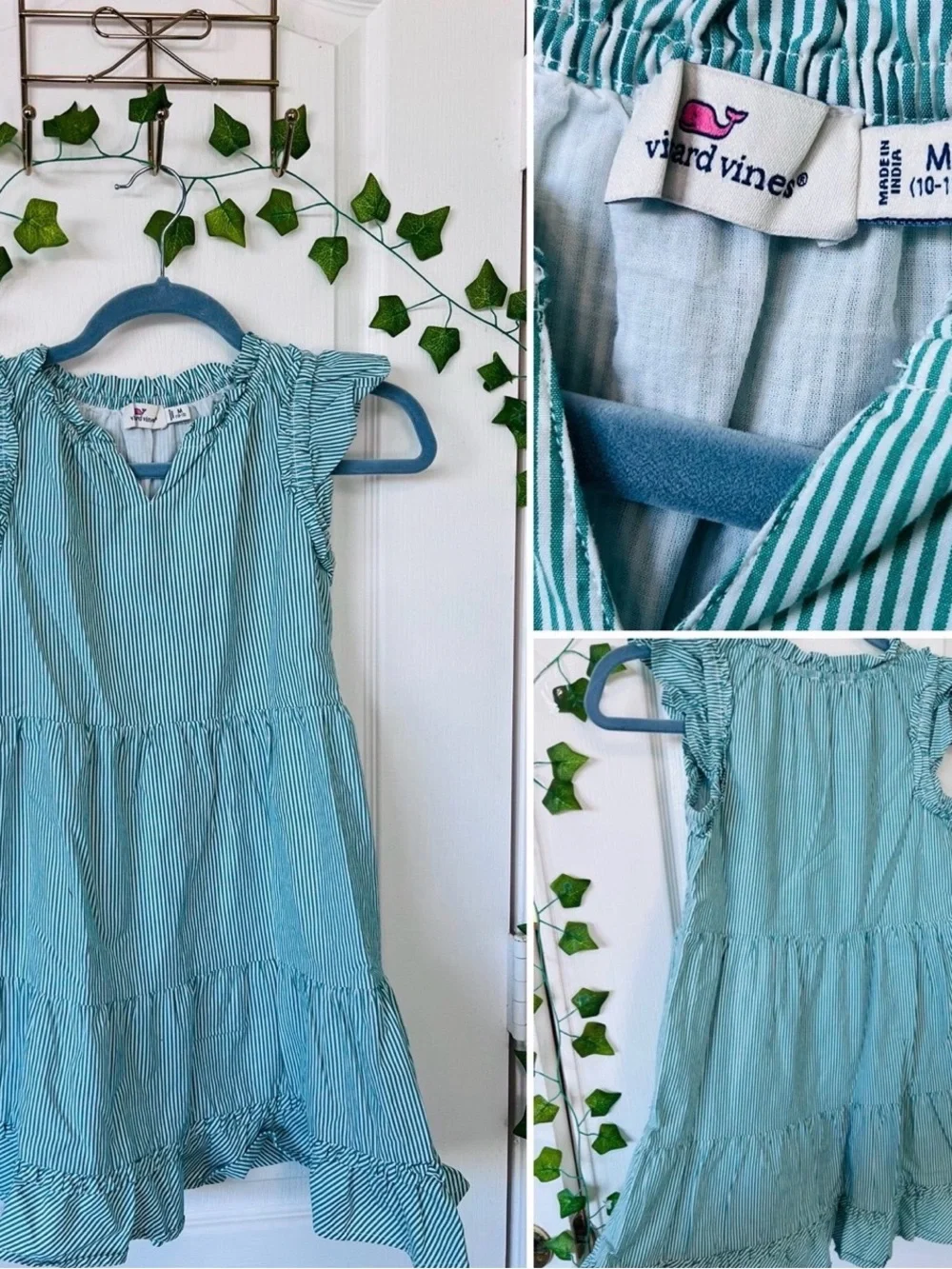 Vineyard Vines Girls Seafoam & White Striped Ruffle Tiered Dress